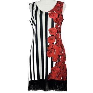 Joseph Ribkoff Black and White Striped Dress with Red Roses